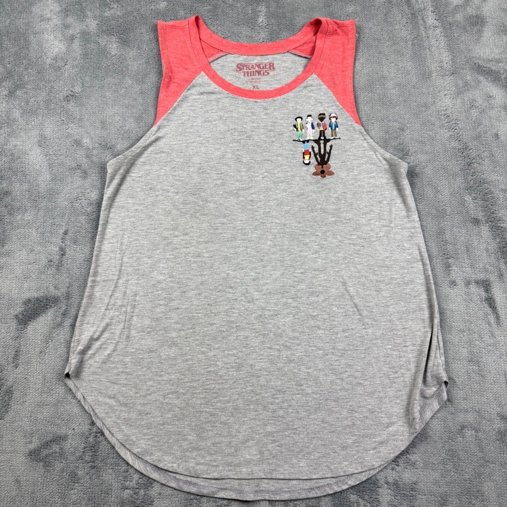 Stranger Things Tank Top XL Gray Red Raglan Embroidered The Upside Down Netflix